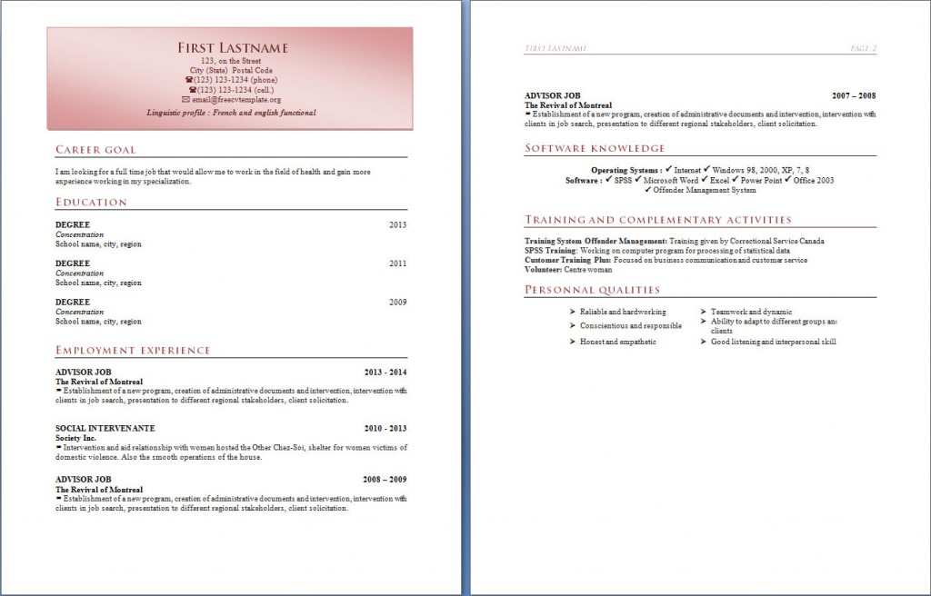 free CV Resume template download word