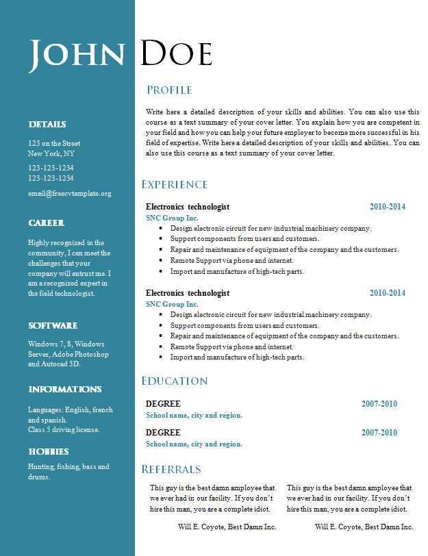 free word resume template downloads
